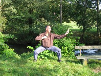 Nach links und rechts den Bogen spannen, als wollte man auf einen grossen Vogel zielen 